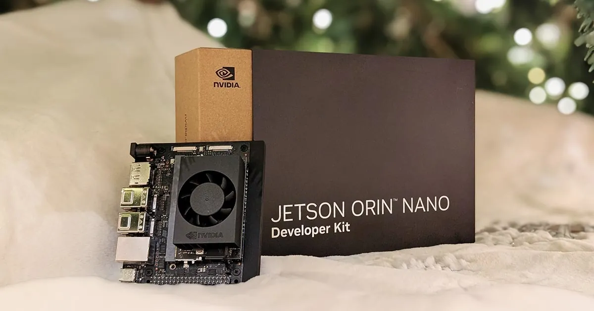 The NVIDIA Jetson Orin Nano Developer Kit board beside its retail box