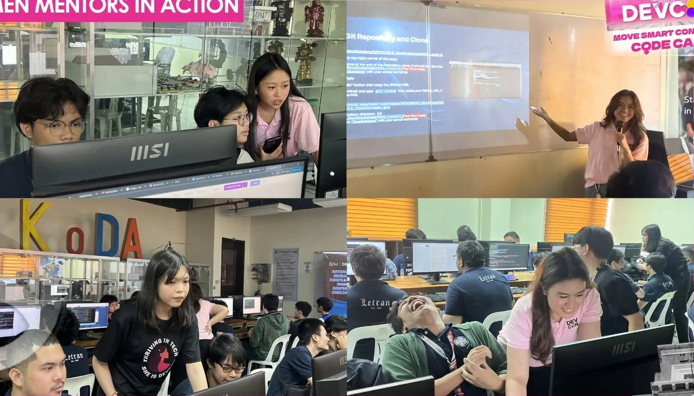 Four photos of women mentors helping students code and presenting a Git lesson